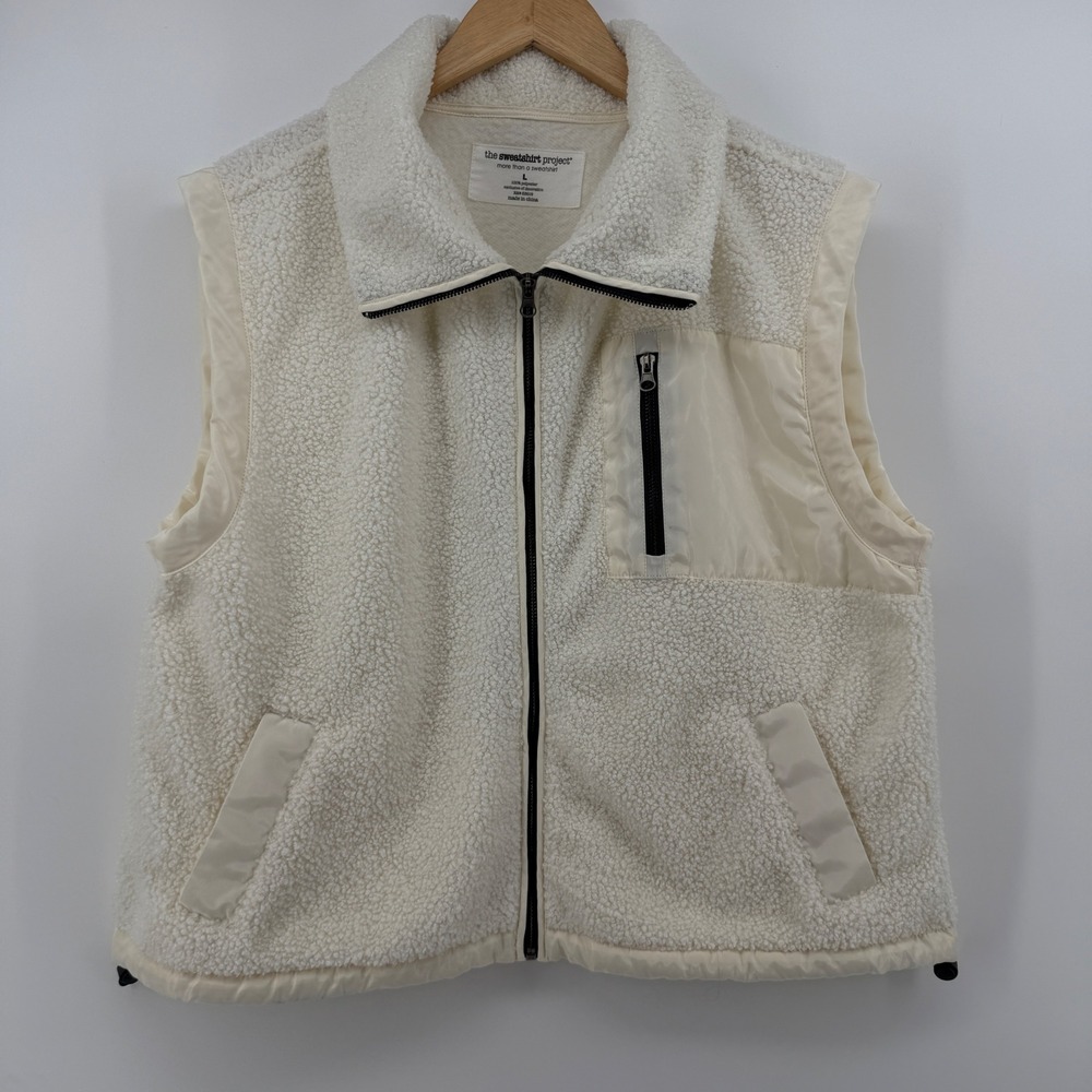 The Sweatshirt Project Sherpa Fleece Vest Womens L Cream Full Zip Teddy Pockets